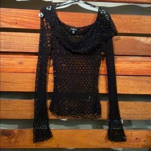 Bebe crochet pull over off shoulder sweater